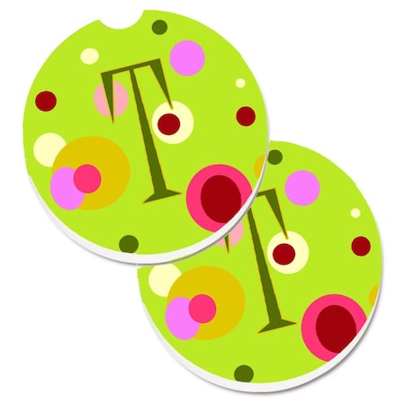 Carolines Treasures Letter T Monogram Lime Green Set of 2 Cup Holder Car Coaster CJ1010-TCARC
